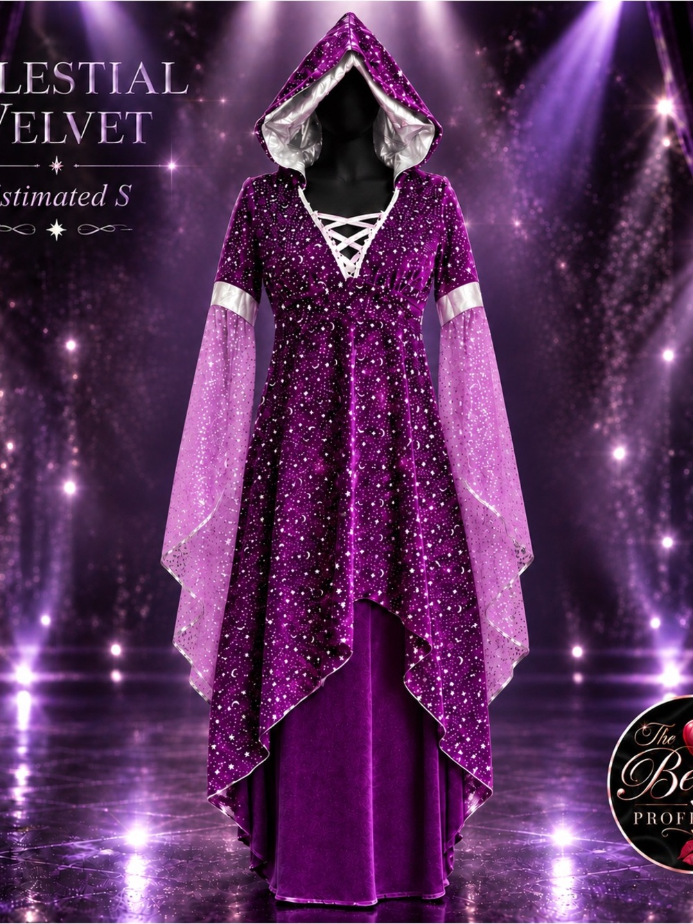 Source Unknown Celestial Velvet Hooded Maxi Dress in Purple and Silver